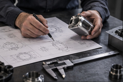Engineer developing a precision mechanical product from technical drawings